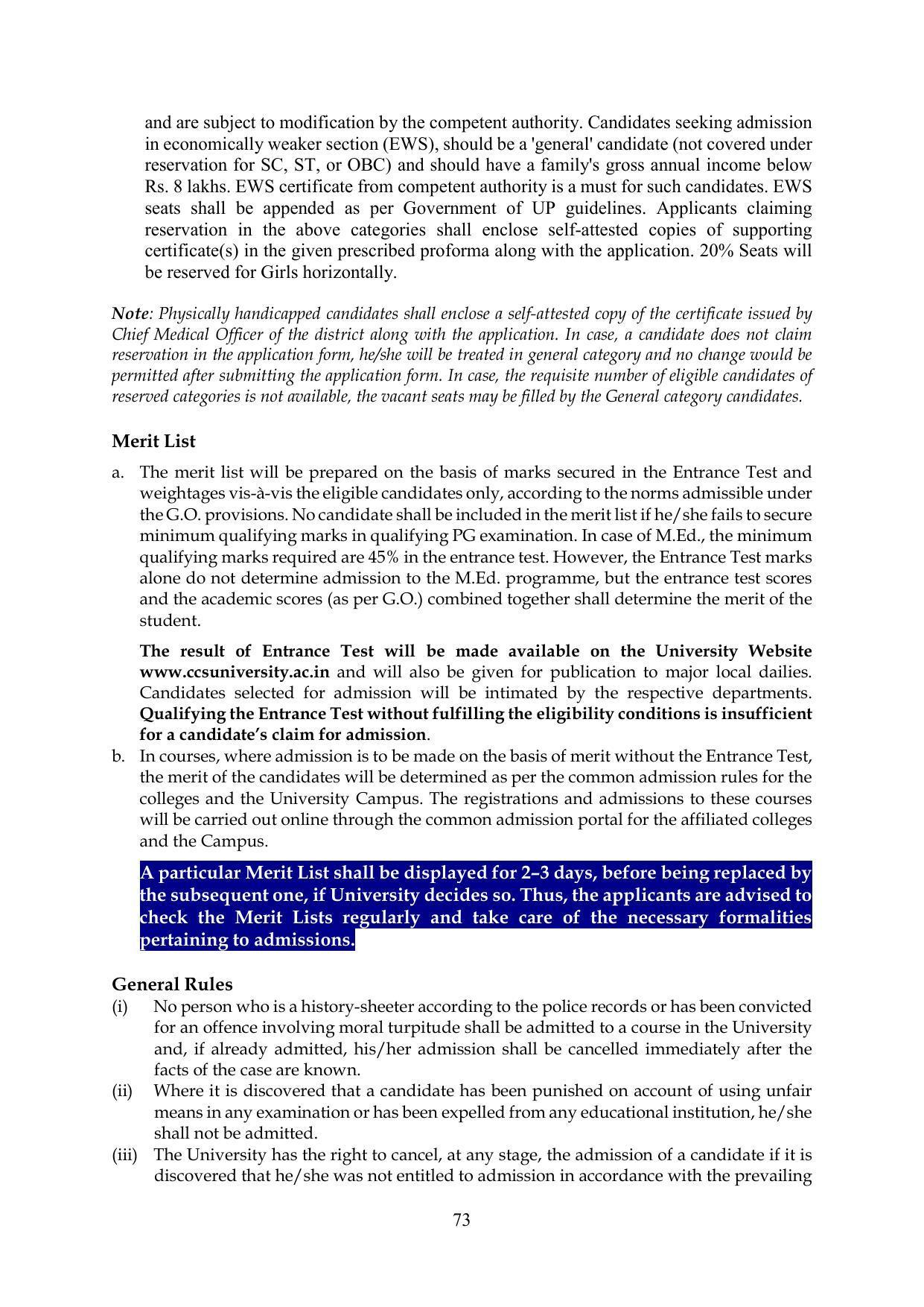 Chaudhary Charan Singh University: Meerut University, Meerut Information Brochure 2021-22 - Page 73