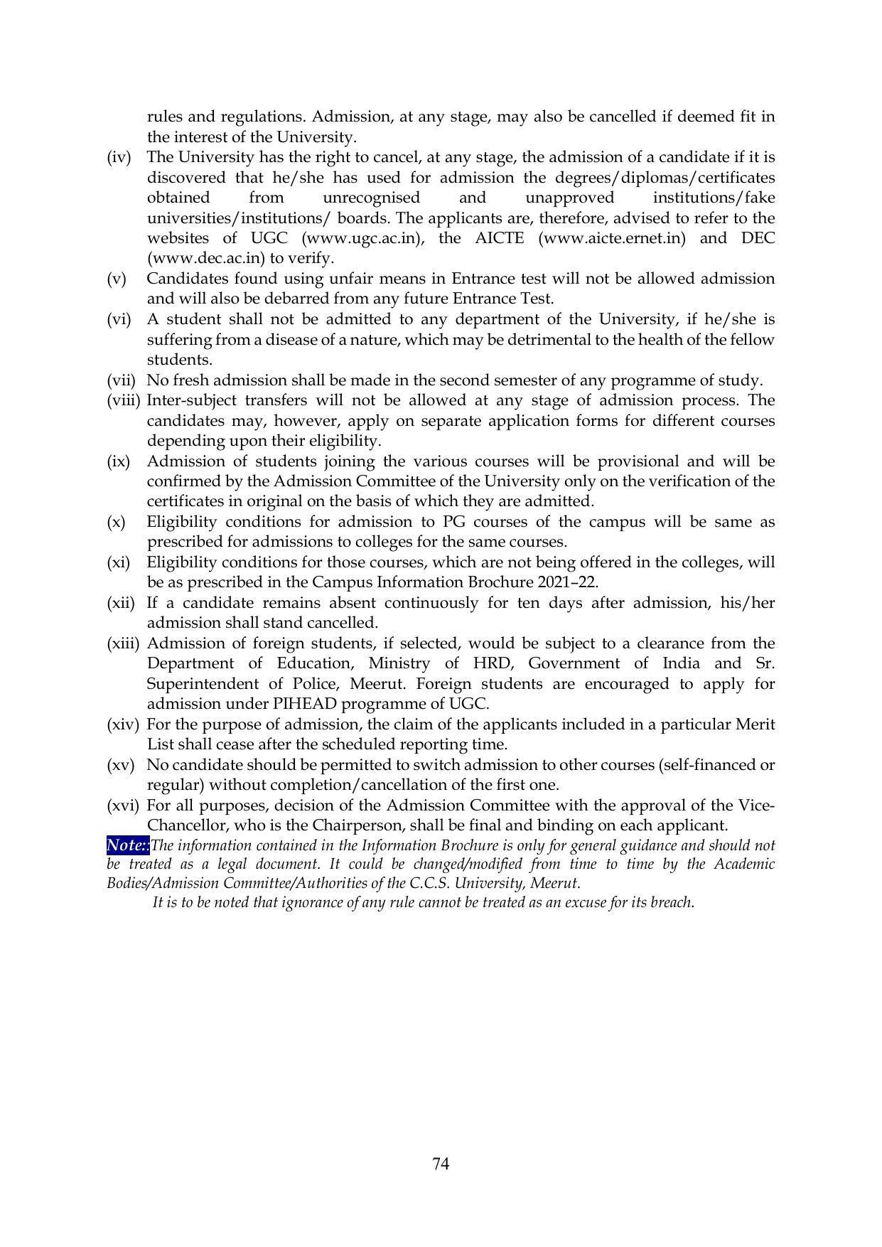 Chaudhary Charan Singh University: Meerut University, Meerut Information Brochure 2021-22 - Page 74