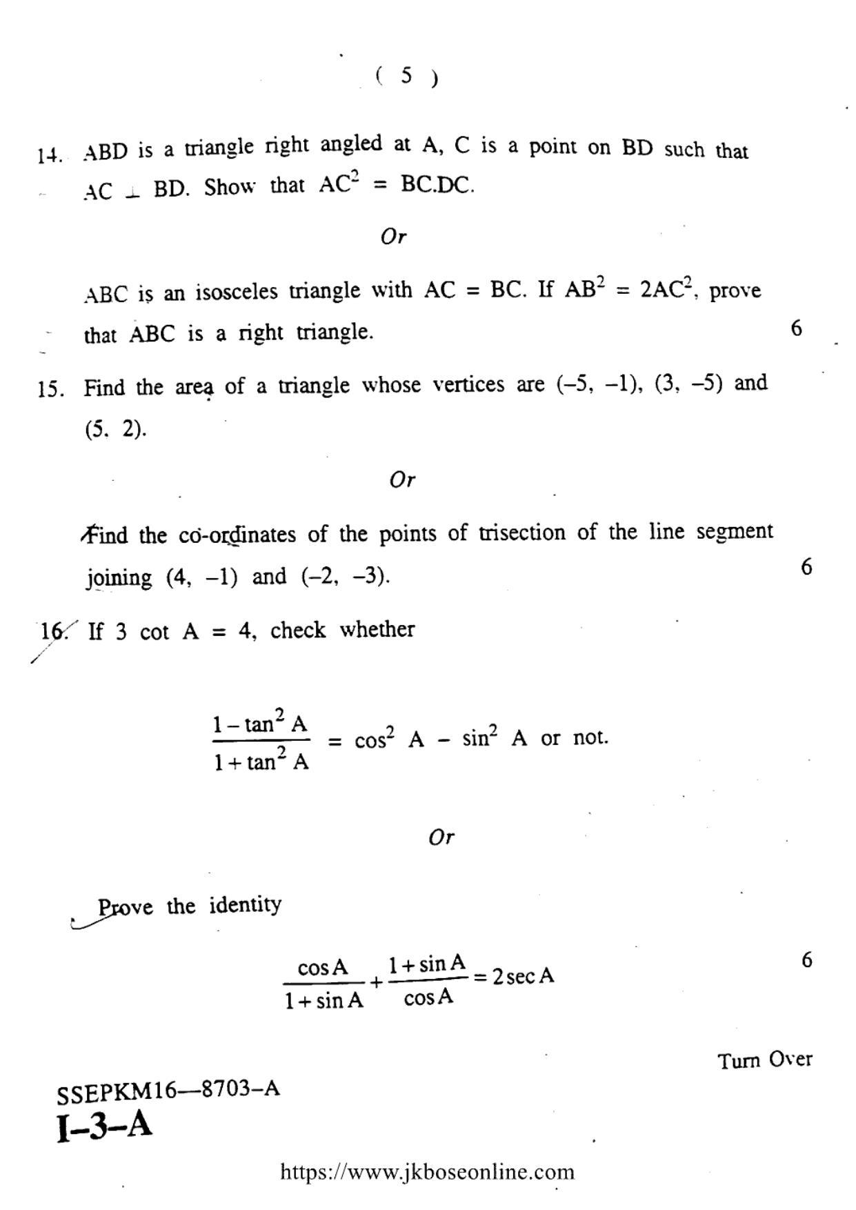 JKBOSE Class 12 Mathematics Question Papers 2016 (8703-A) - Page 5