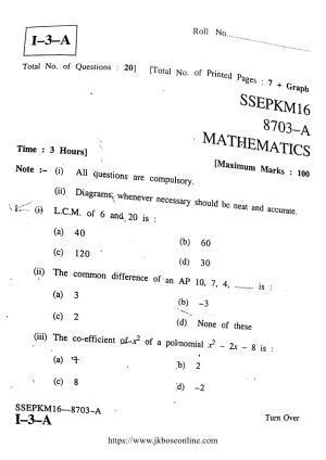 JKBOSE Class 12 Mathematics Question Papers 2016 (8703-A)