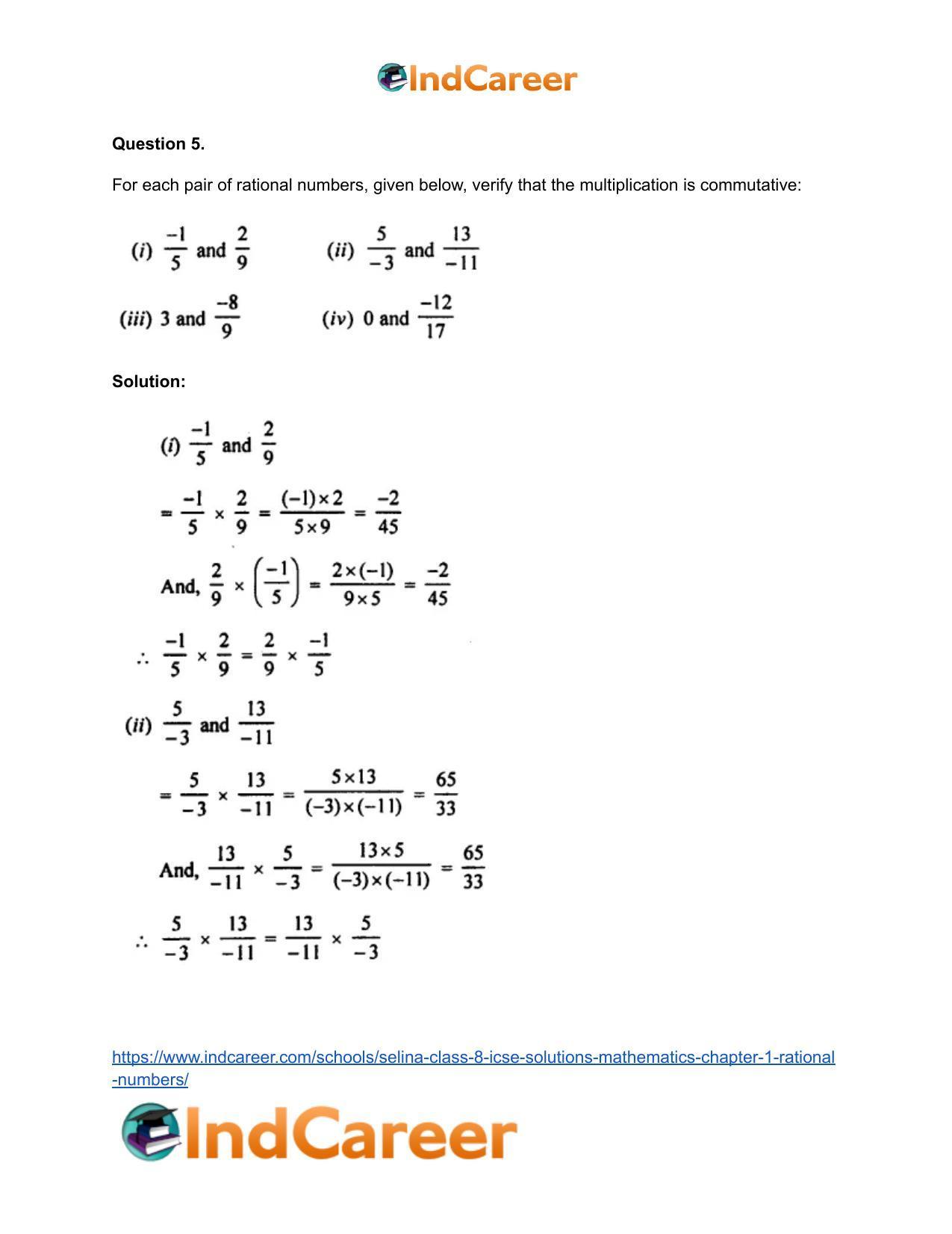 Selina Class 8 ICSE Solutions Mathematics : Chapter 1- Rational Numbers - Page 62