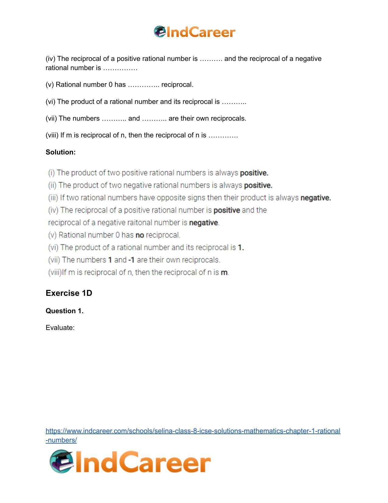 Selina Class 8 ICSE Solutions Mathematics : Chapter 1- Rational Numbers - Page 70