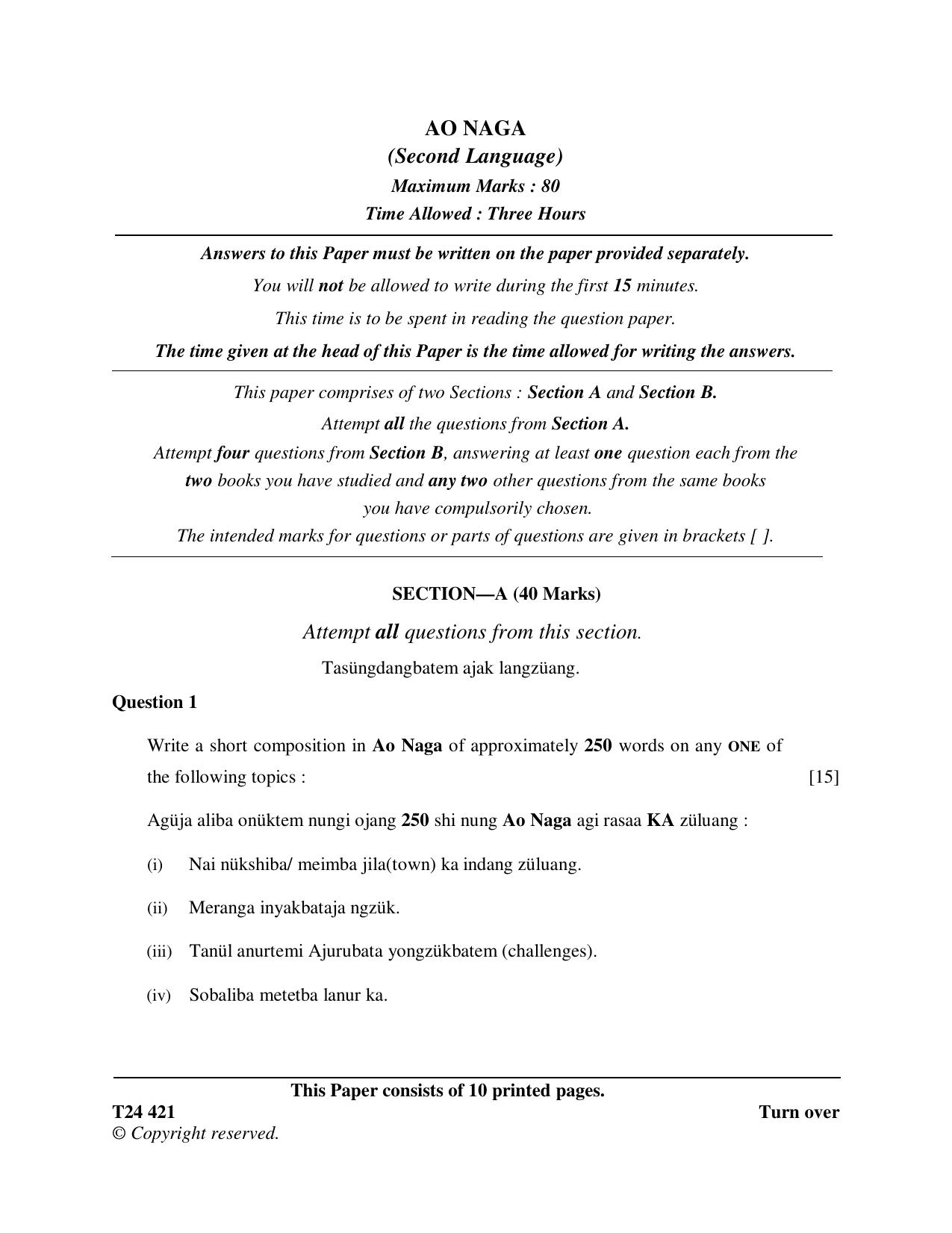 ICSE Class 10 Ao Naga 2024 Question Paper - Page 1