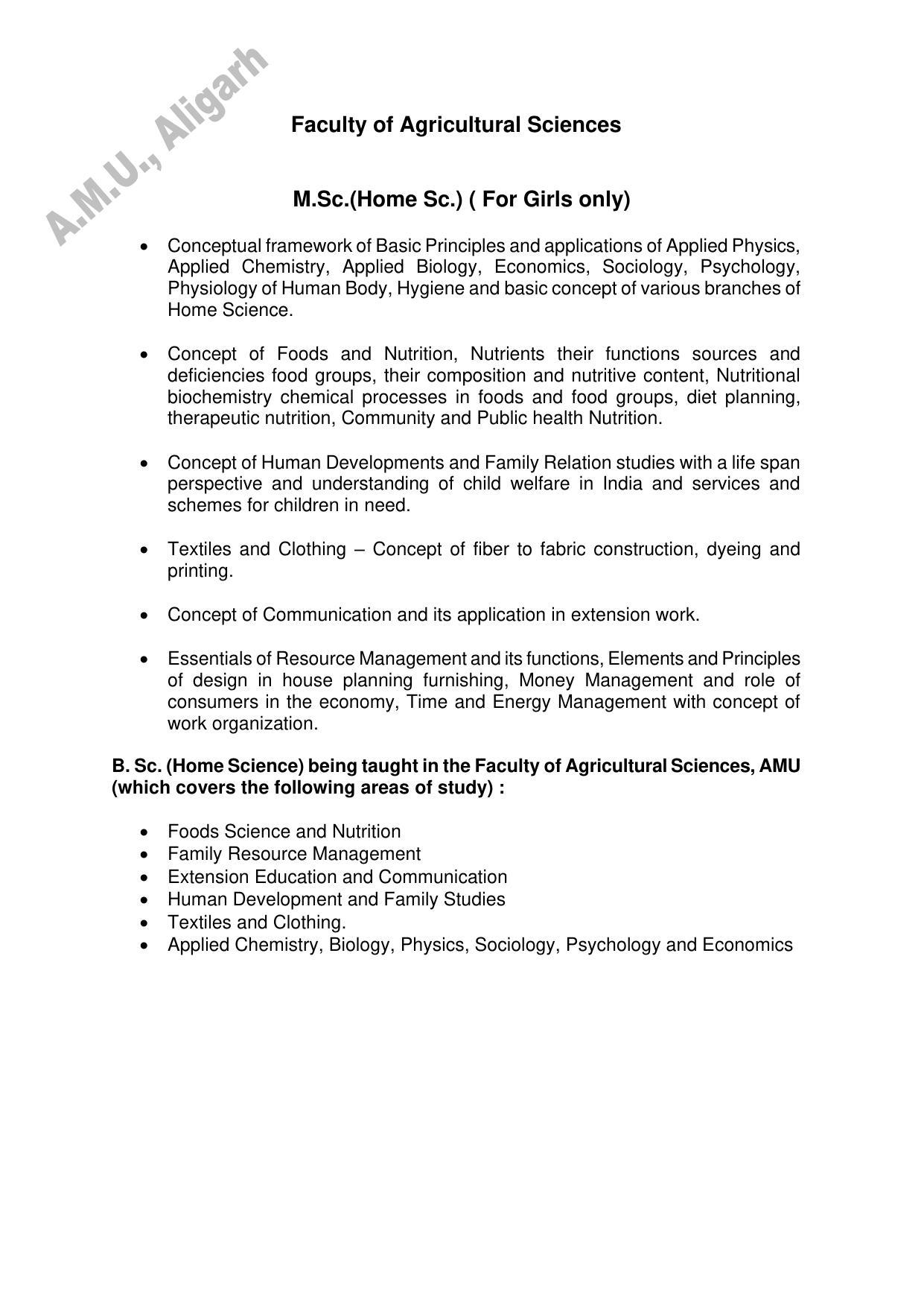AMU Entrance Exam: AMU Entrance Exam: M.Sc. (Home Science) Syllabus - Page 1