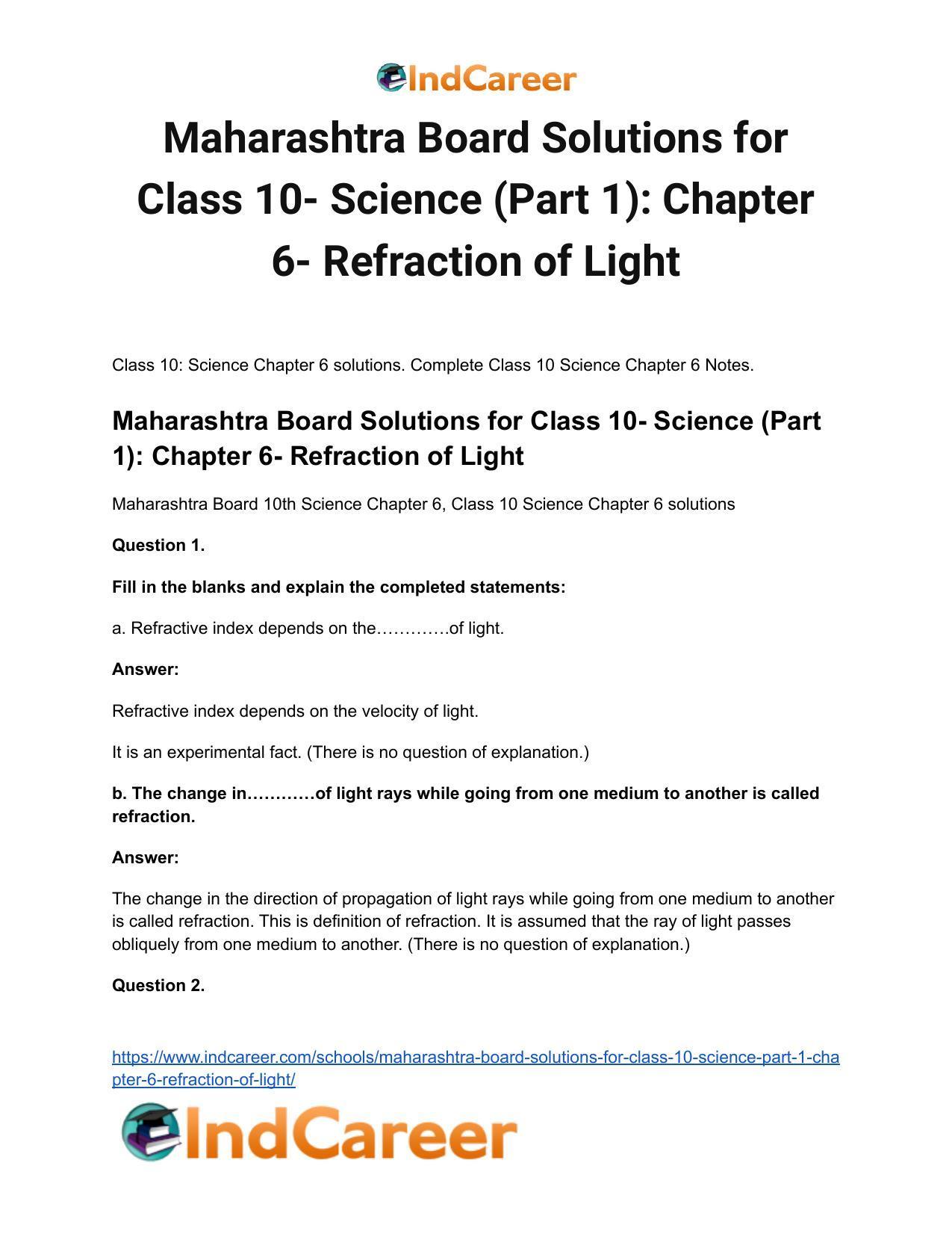 Maharashtra Board Solutions for Class 10- Science (Part 1): Chapter 6- Refraction of Light - Page 2