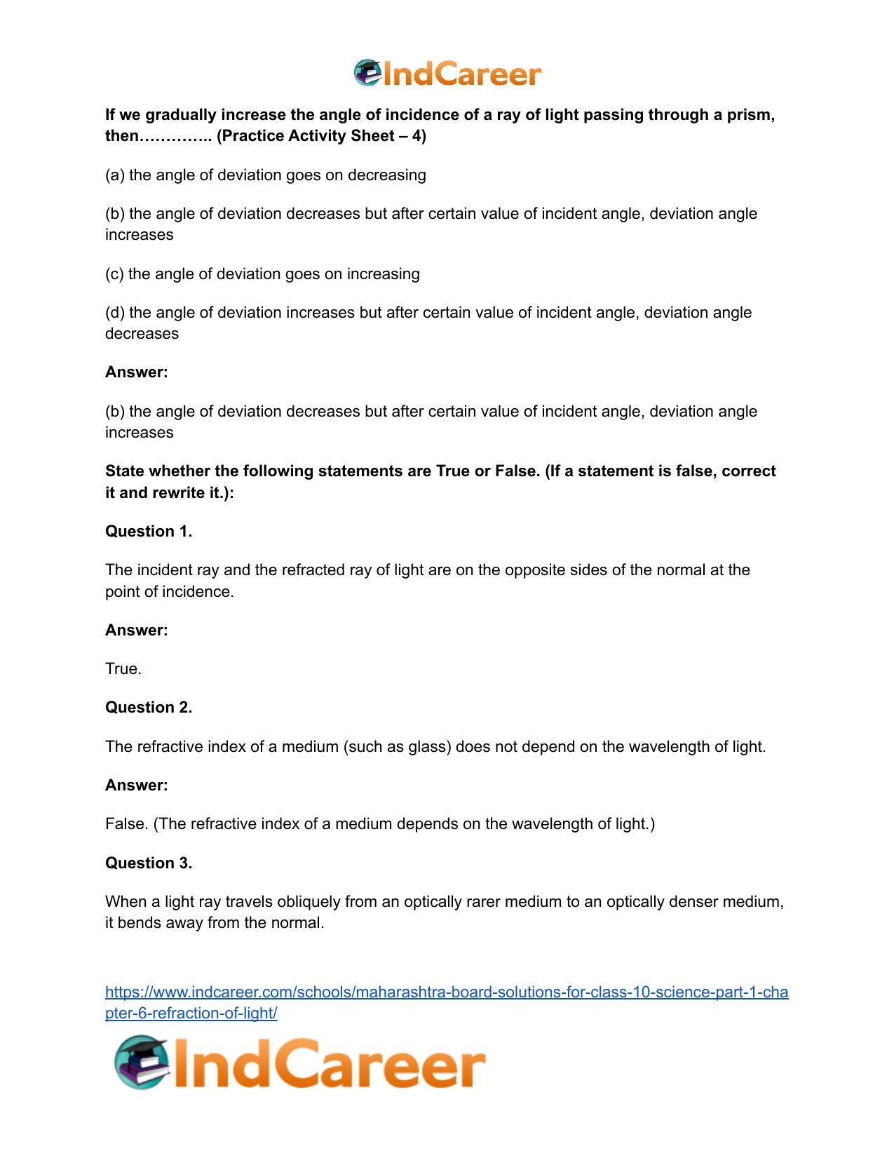 Maharashtra Board Solutions for Class 10- Science (Part 1): Chapter 6- Refraction of Light - Page 20