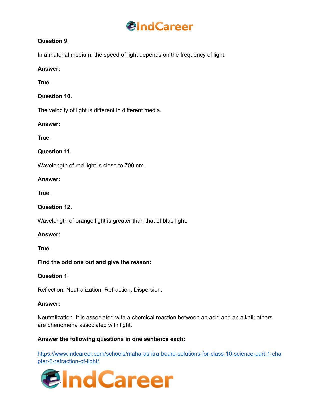 Maharashtra Board Solutions for Class 10- Science (Part 1): Chapter 6- Refraction of Light - Page 22