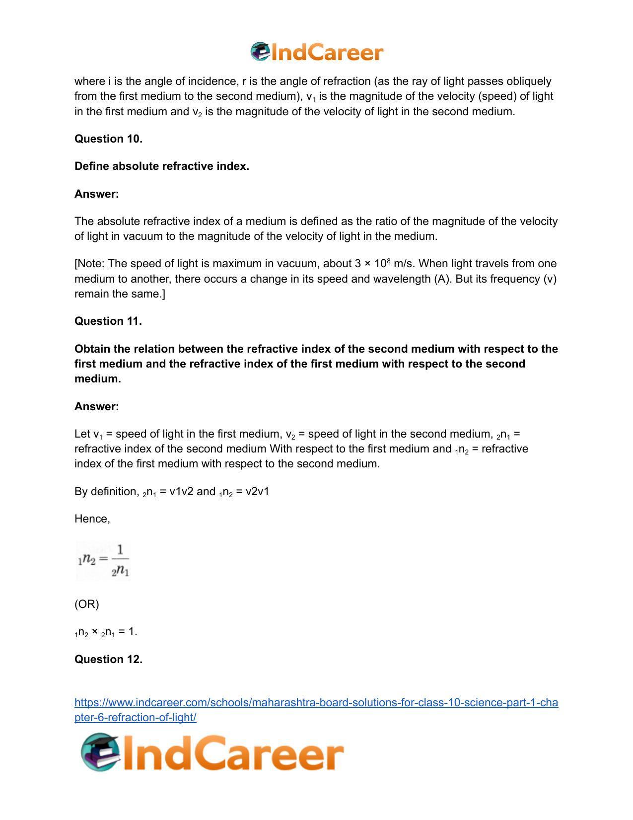 Maharashtra Board Solutions for Class 10- Science (Part 1): Chapter 6- Refraction of Light - Page 29