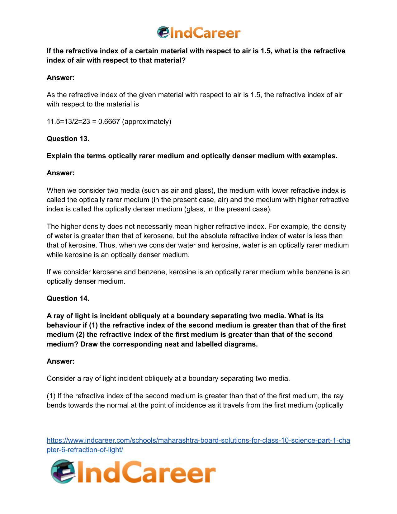 Maharashtra Board Solutions for Class 10- Science (Part 1): Chapter 6- Refraction of Light - Page 30