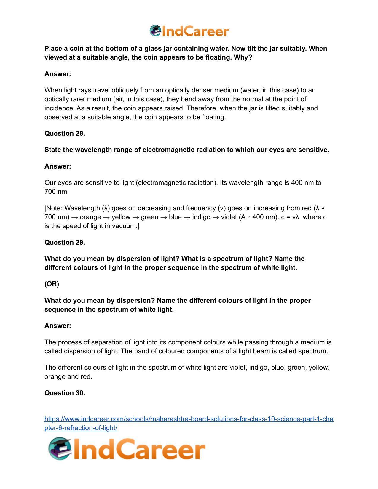 Maharashtra Board Solutions for Class 10- Science (Part 1): Chapter 6- Refraction of Light - Page 43