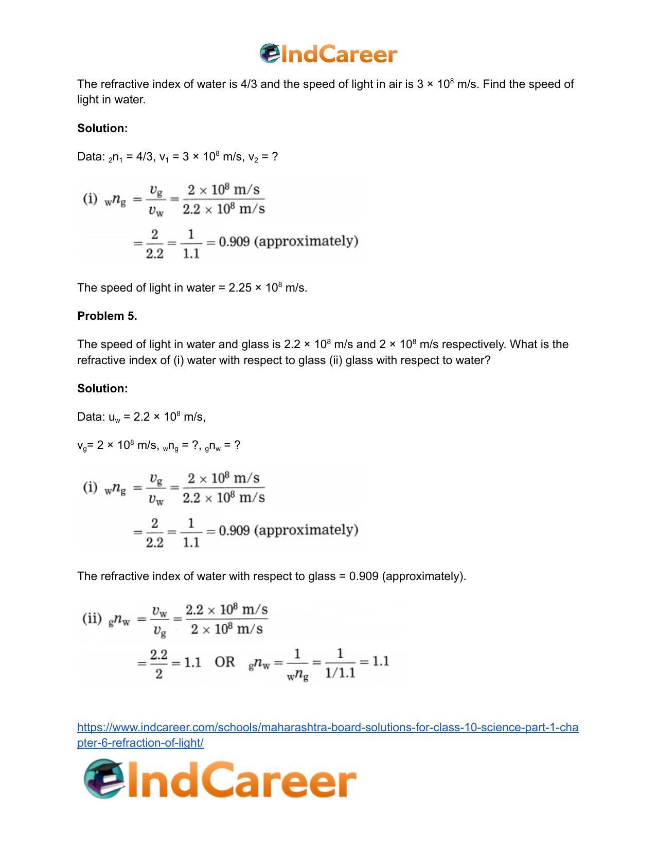 Maharashtra Board Solutions for Class 10- Science (Part 1): Chapter 6- Refraction of Light - Page 62