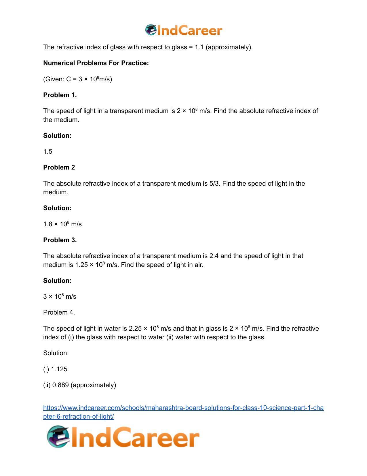 Maharashtra Board Solutions for Class 10- Science (Part 1): Chapter 6- Refraction of Light - Page 63