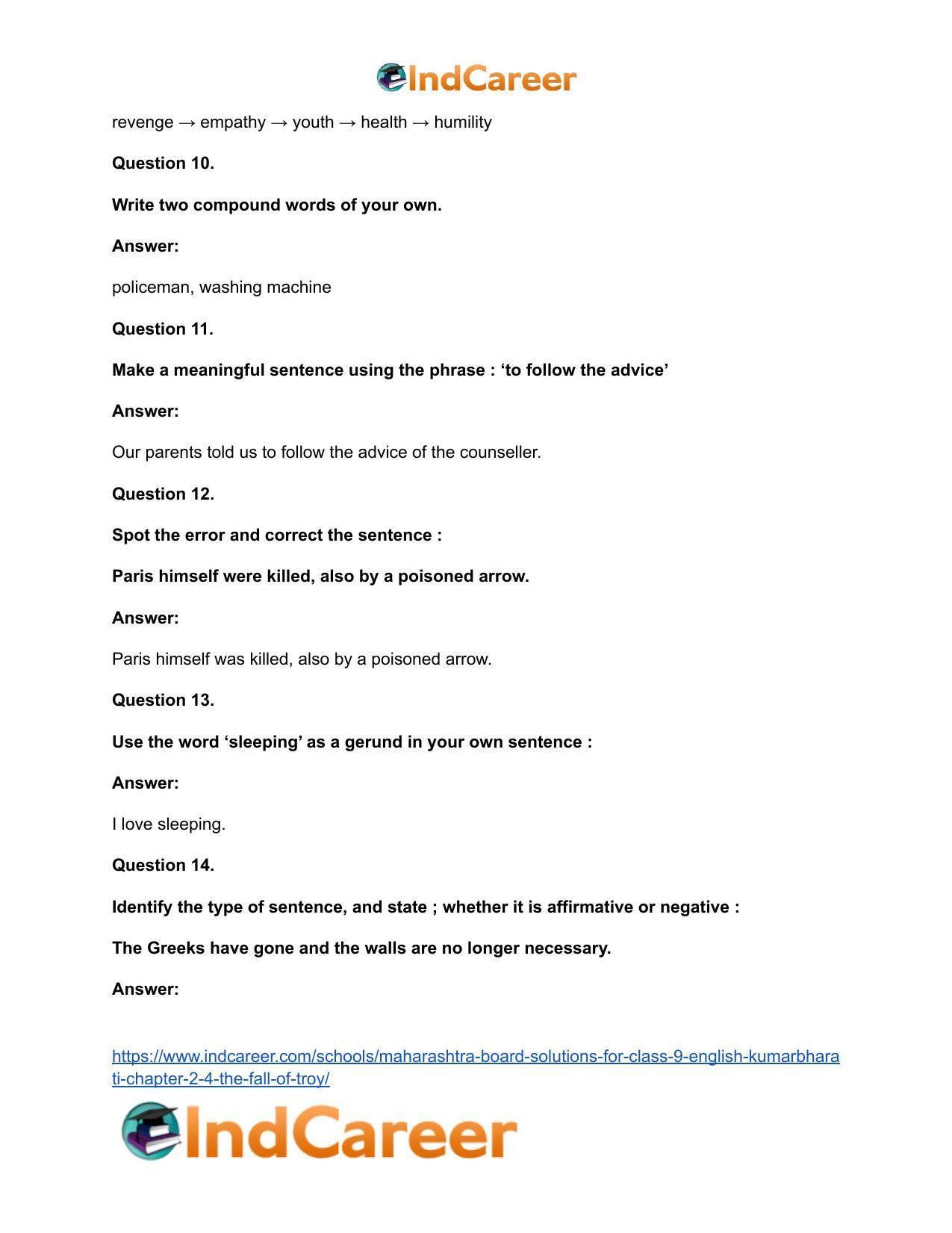Maharashtra Board Solutions for Class 9- English Kumarbharati: Chapter 2.4- The Fall of Troy - Page 34