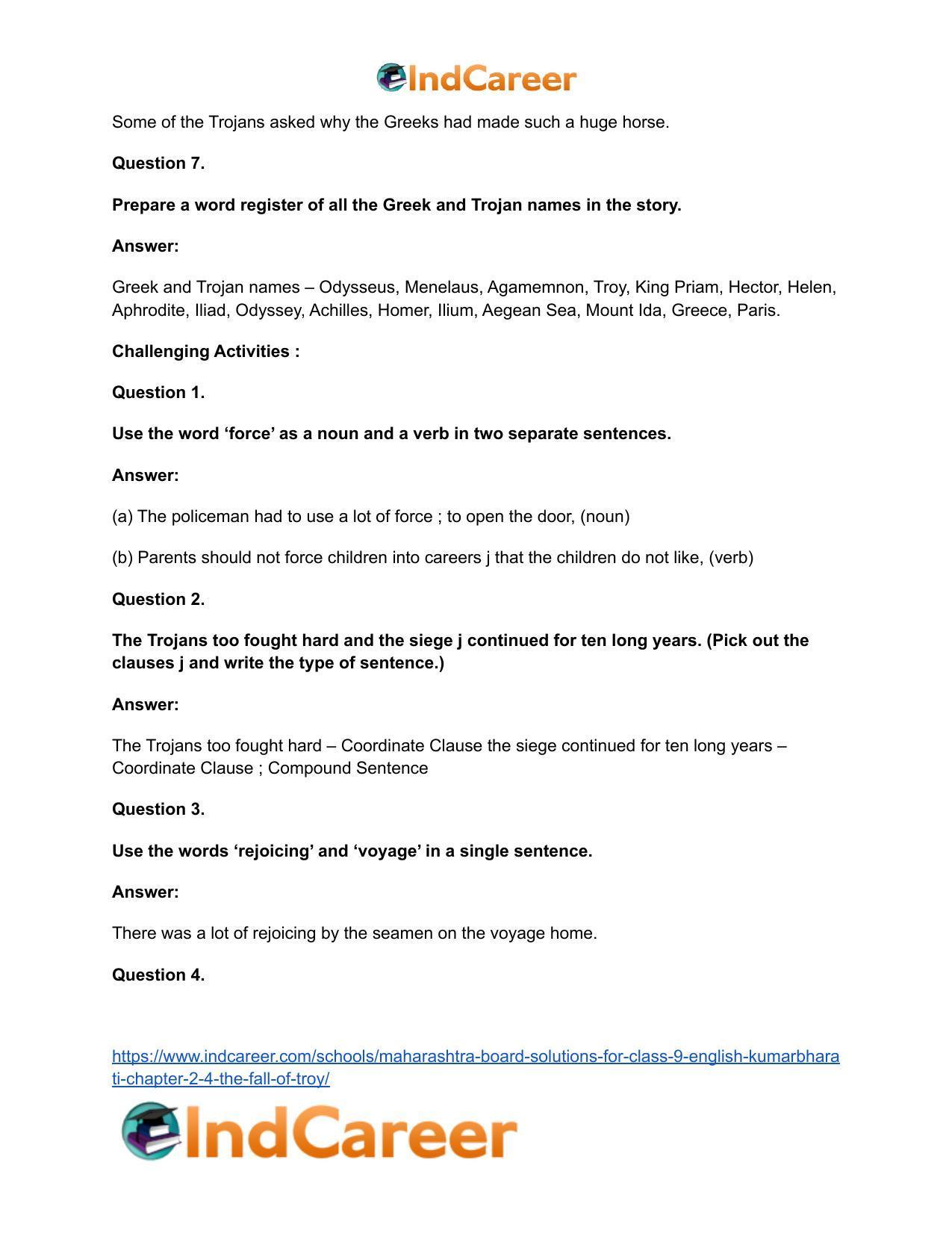 Maharashtra Board Solutions for Class 9- English Kumarbharati: Chapter 2.4- The Fall of Troy - Page 37