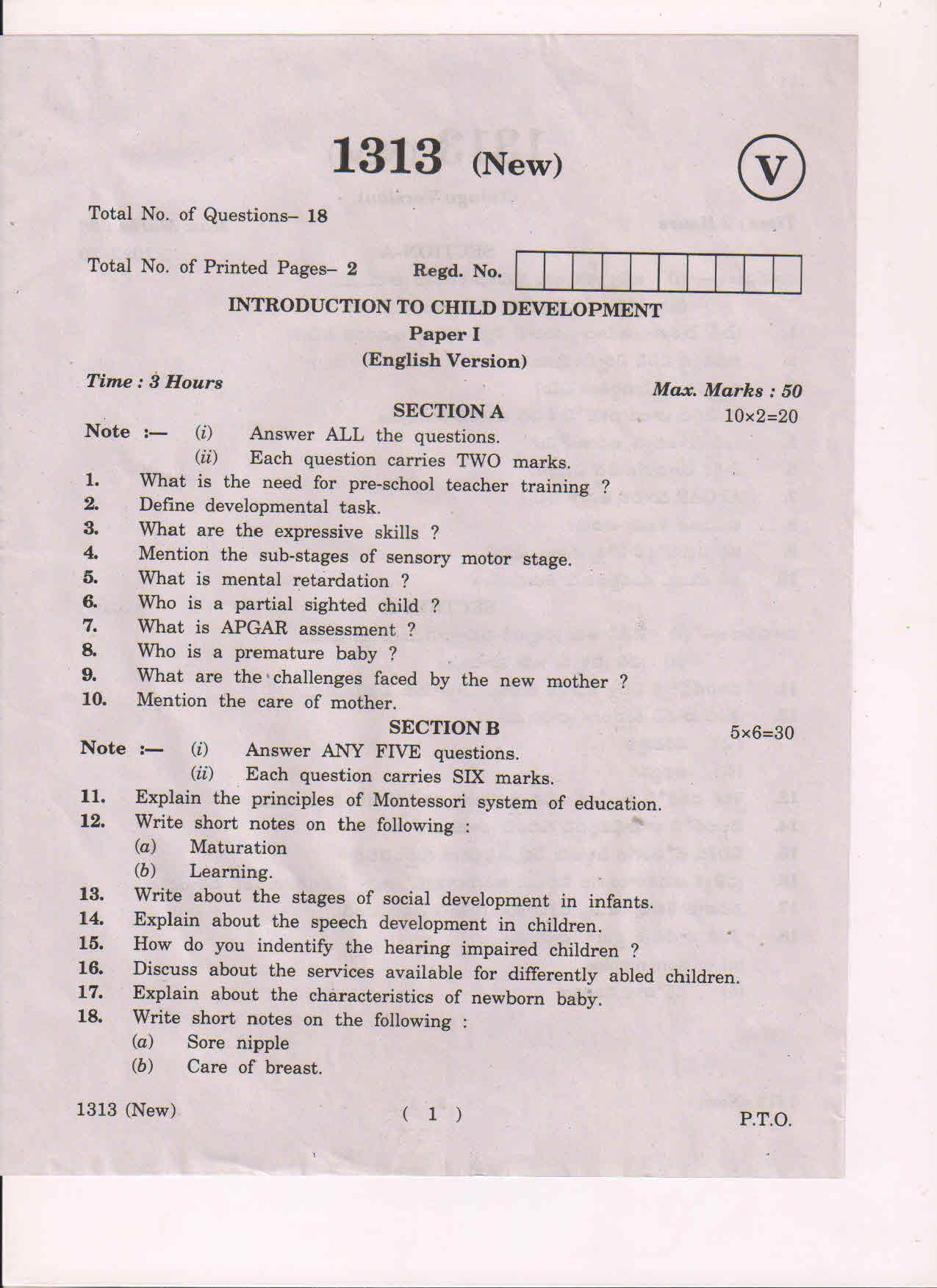 AP Inter 1st Year Interoduction to Child Development-I (New) March-2019-Vocational Question Paper - Page 1