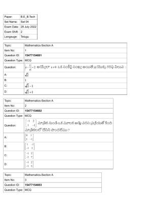 JEE Mains 2022: BTech Telugu (Shift 2) 29-07-2022 Question Paper