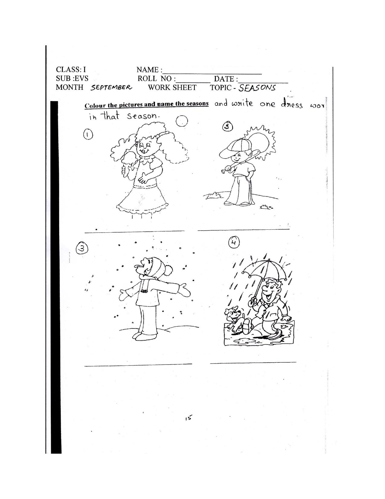 Worksheet for Class 1 EVS Seasons Assignment 2 - Page 1