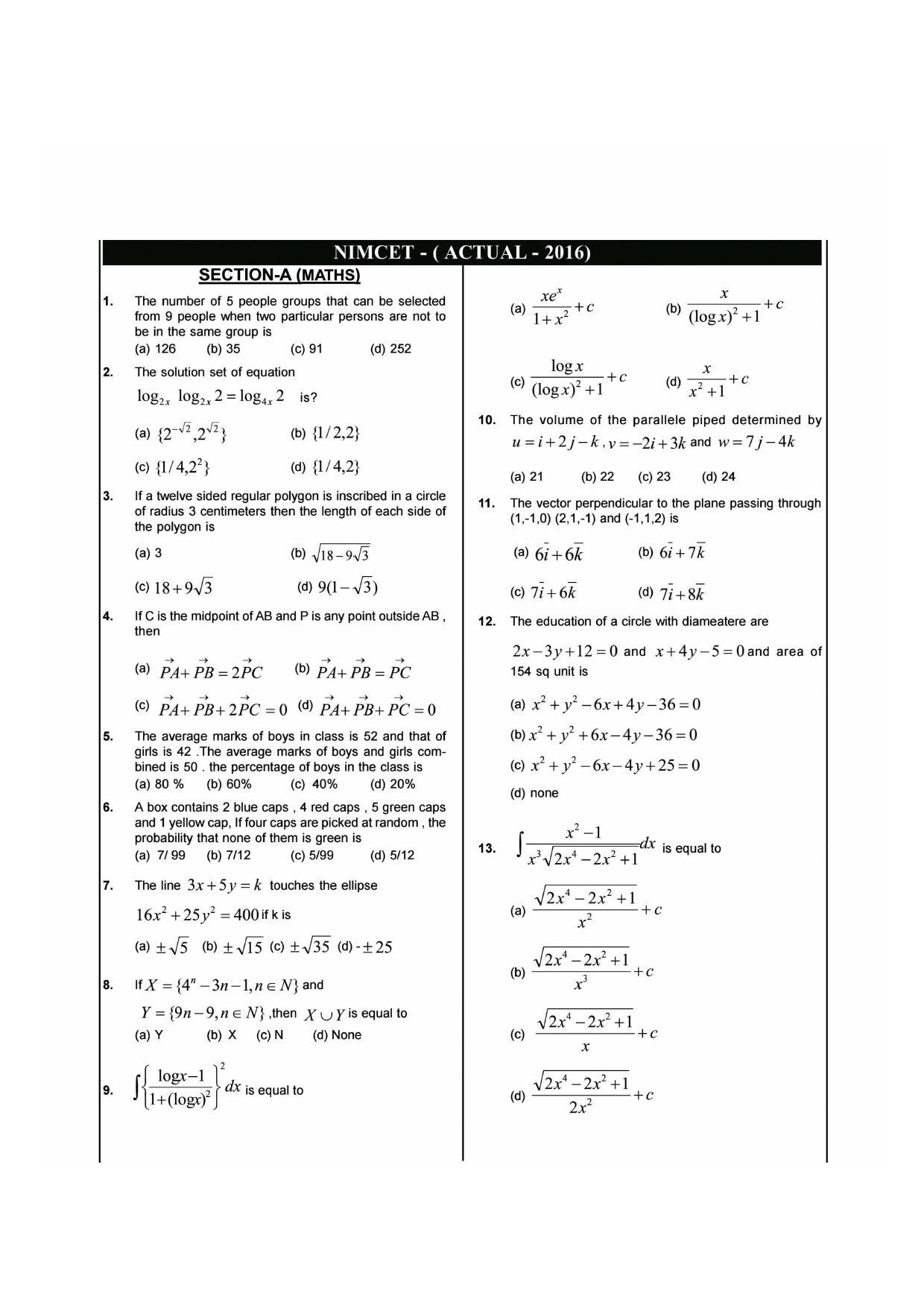 NIMCET 2016 Question Paper - Page 1