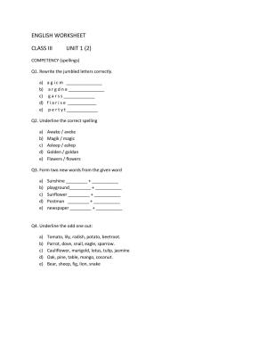 Worksheet for Class 3 English Competency Spellings Assignment