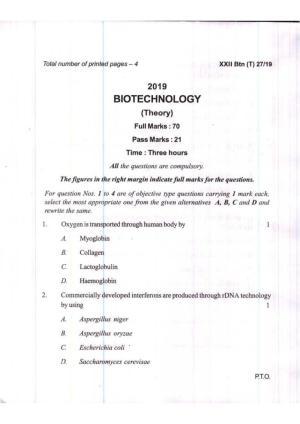 COHSEM Class 12 Biotechnology 2019 Question Papers