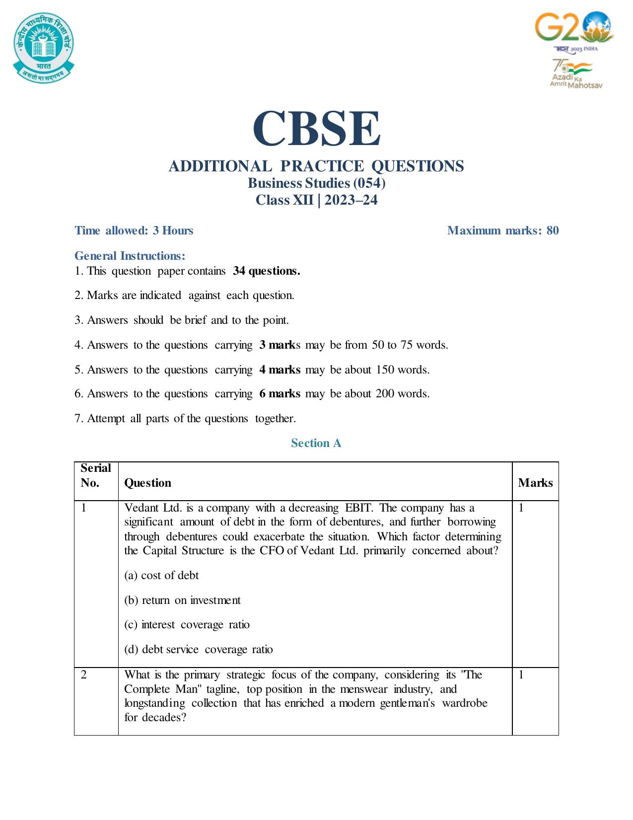 CBSE Class 12 Business Studies SET 1 Practice Questions 2023-24  - Page 1
