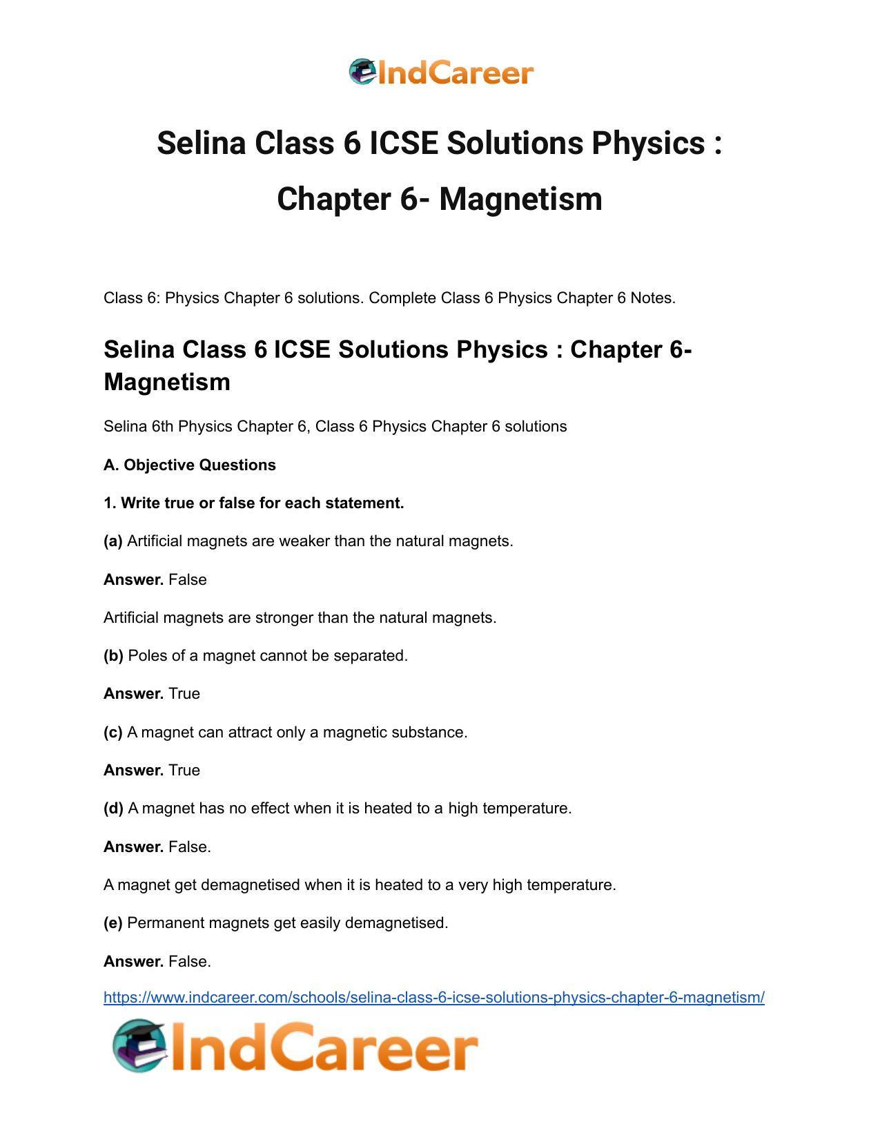 Selina Class 6 ICSE Solutions Physics : Chapter 6- Magnetism - Page 2