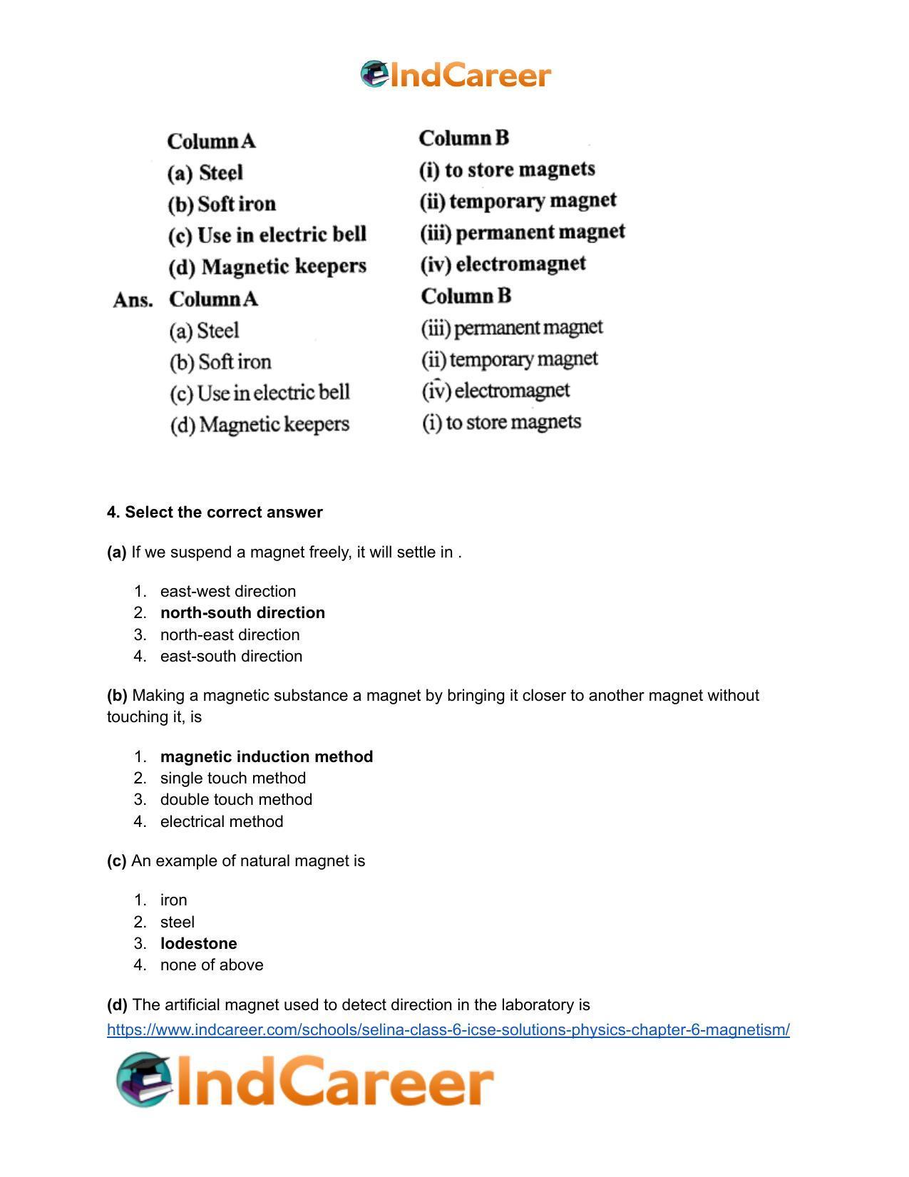 Selina Class 6 ICSE Solutions Physics : Chapter 6- Magnetism - Page 4