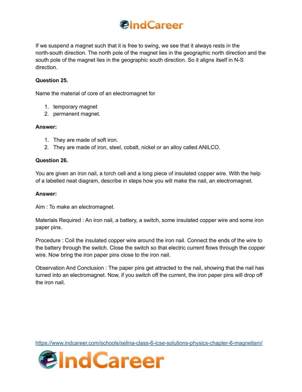 Selina Class 6 ICSE Solutions Physics : Chapter 6- Magnetism - Page 15
