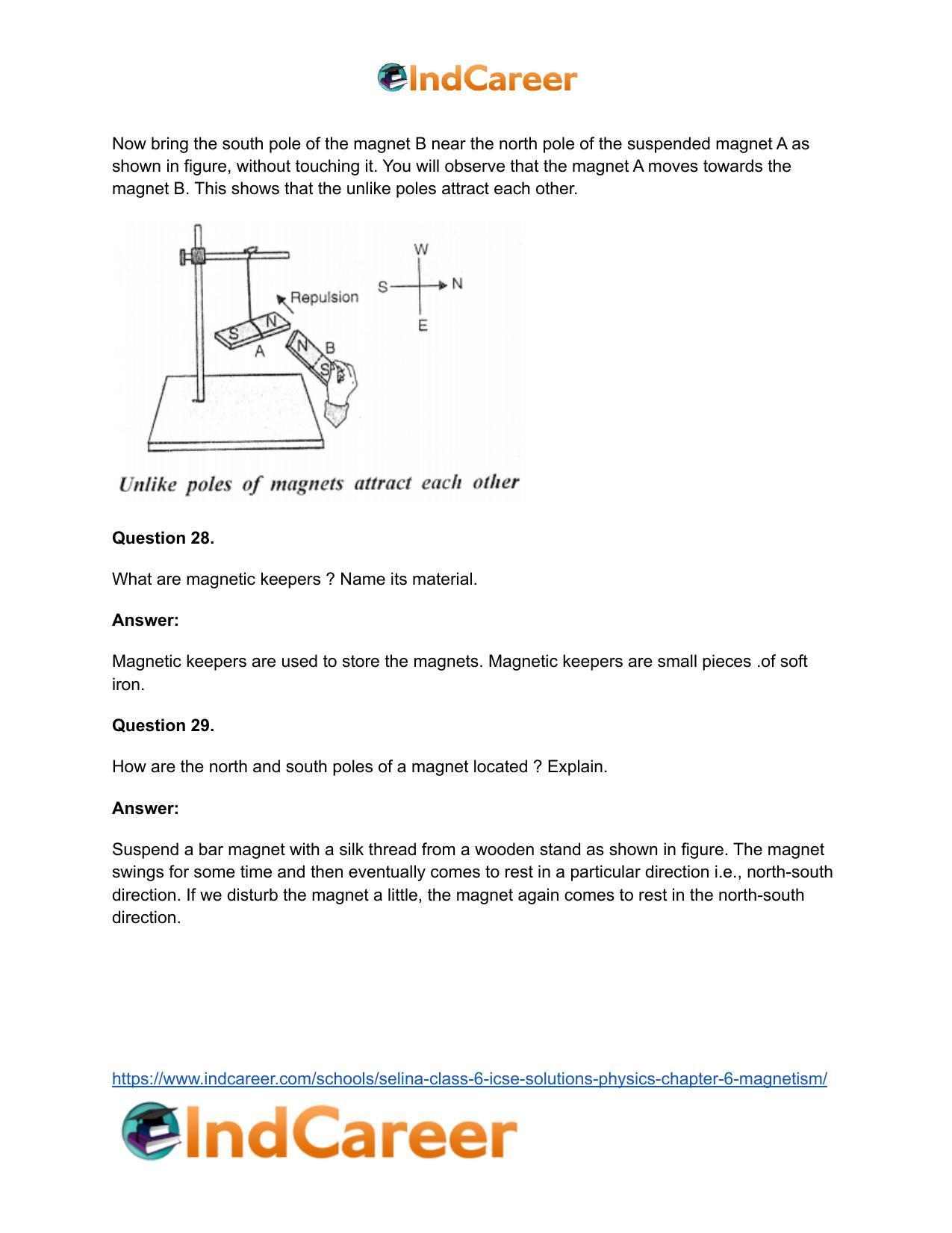 Selina Class 6 ICSE Solutions Physics : Chapter 6- Magnetism - Page 17