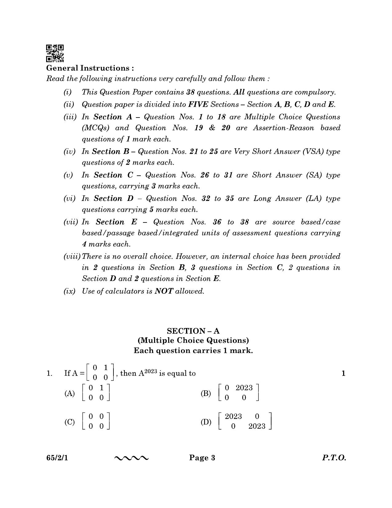 CBSE Class 12 65-2-1 MATHEMATICS 2023 Question Paper - Page 3