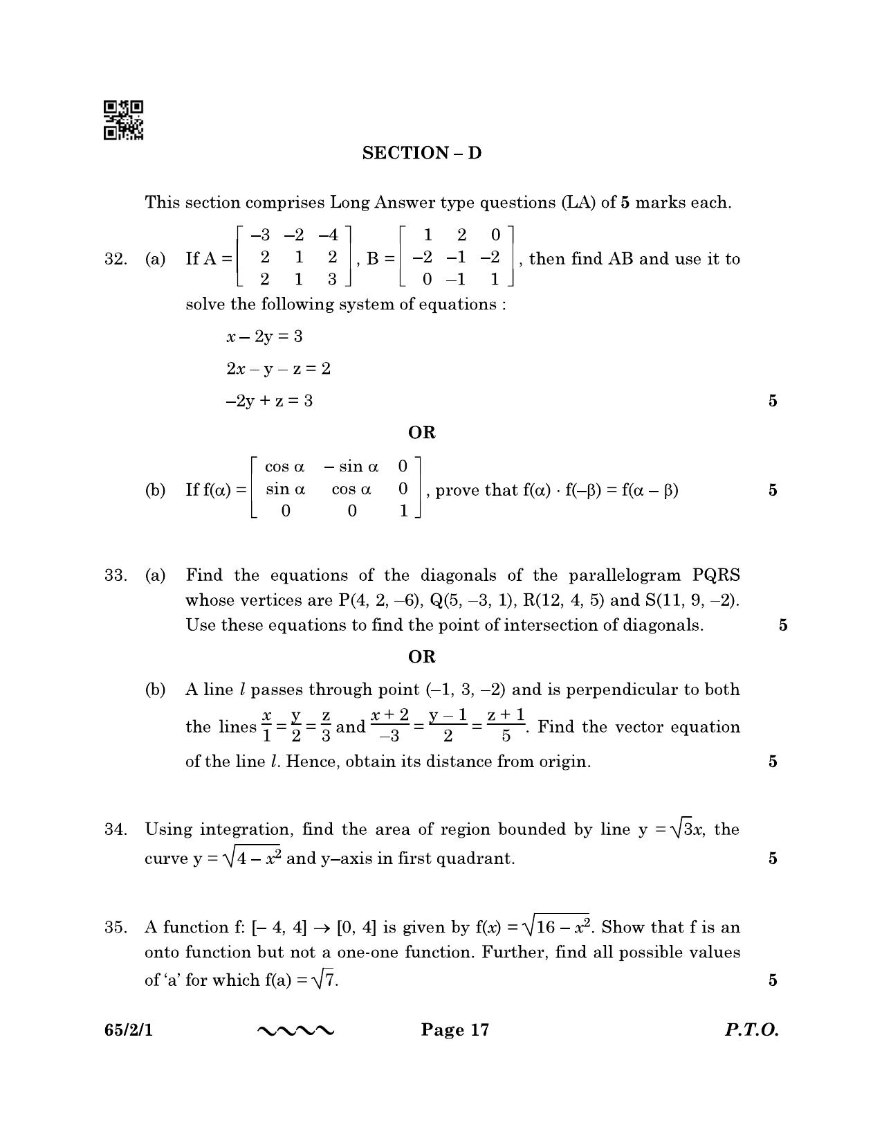 CBSE Class 12 65-2-1 MATHEMATICS 2023 Question Paper - Page 17