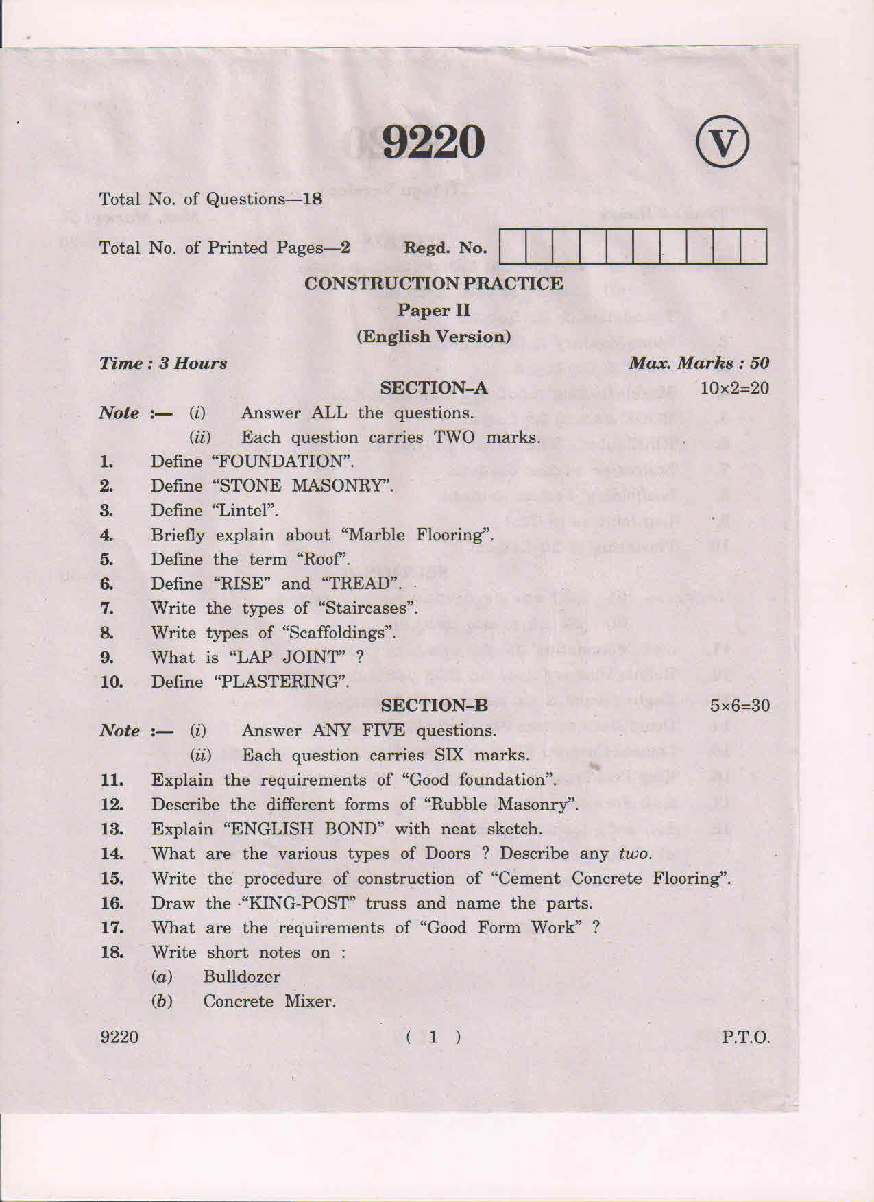 AP Inter 2nd Year Construction Practice-II March-2019-Vocational Question Paper - Page 1