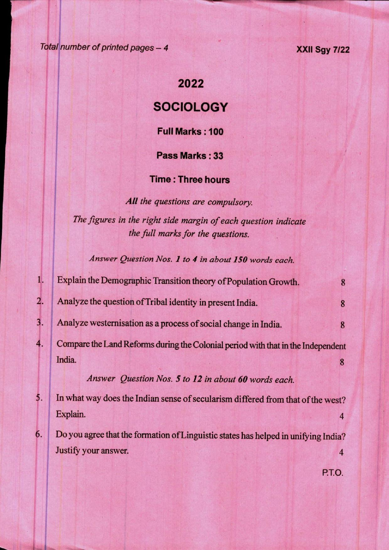 COHSEM 12th Question Papers 2022 Sociology - Page 1