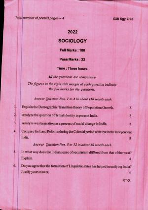 COHSEM 12th Question Papers 2022 Sociology