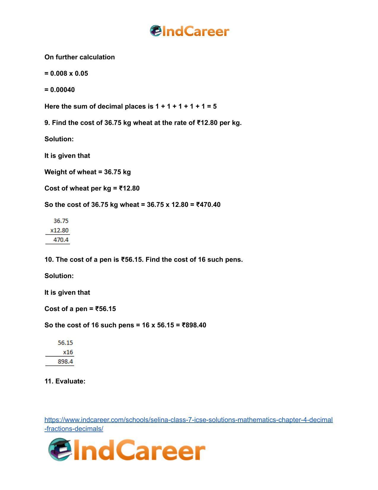 Selina Class 7 ICSE Solutions Mathematics : Chapter 4- Decimal Fractions (Decimals) - Page 52