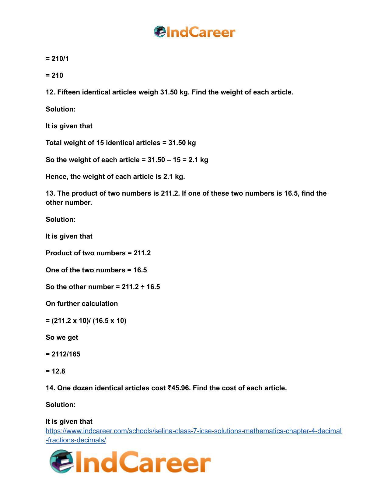 Selina Class 7 ICSE Solutions Mathematics : Chapter 4- Decimal Fractions (Decimals) - Page 55