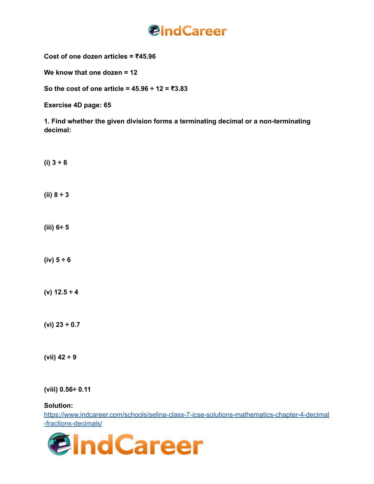 Selina Class 7 ICSE Solutions Mathematics : Chapter 4- Decimal Fractions (Decimals) - Page 56