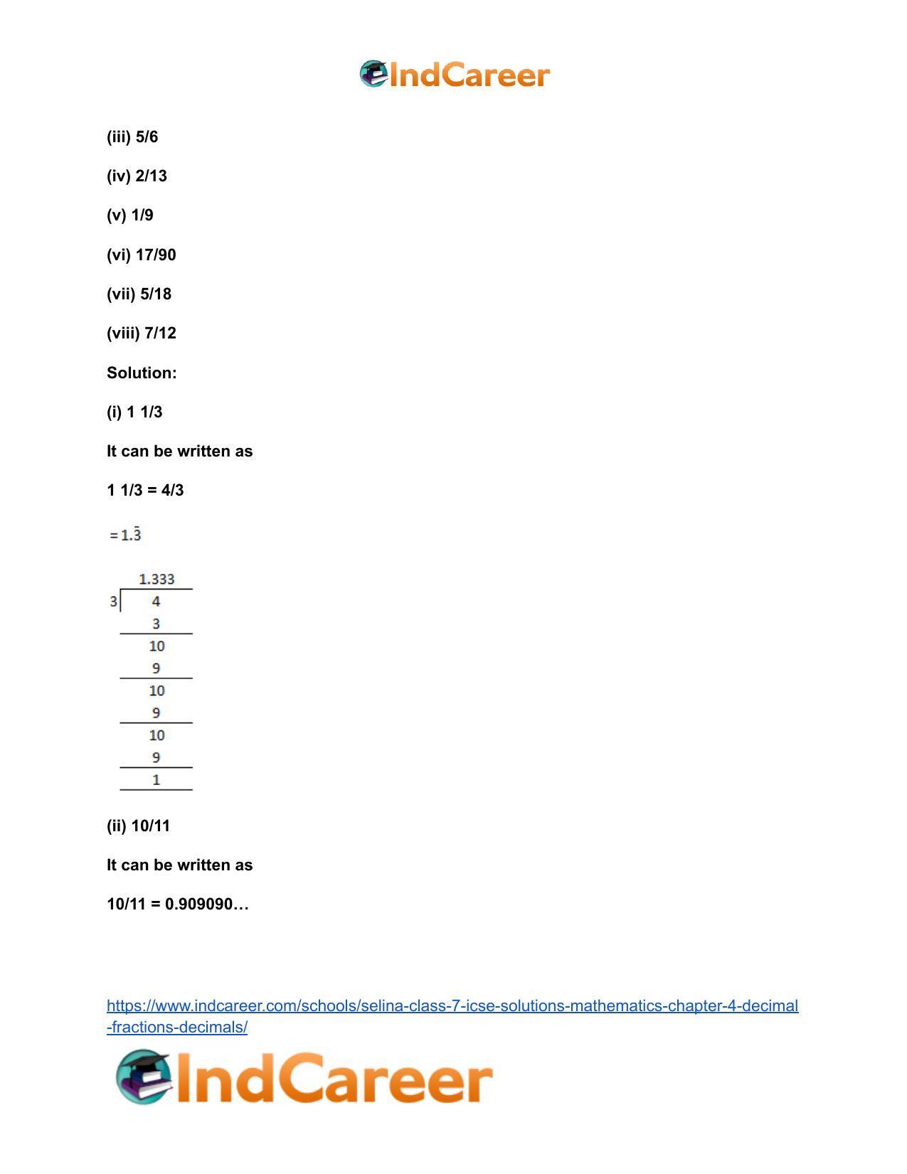 Selina Class 7 ICSE Solutions Mathematics : Chapter 4- Decimal Fractions (Decimals) - Page 61