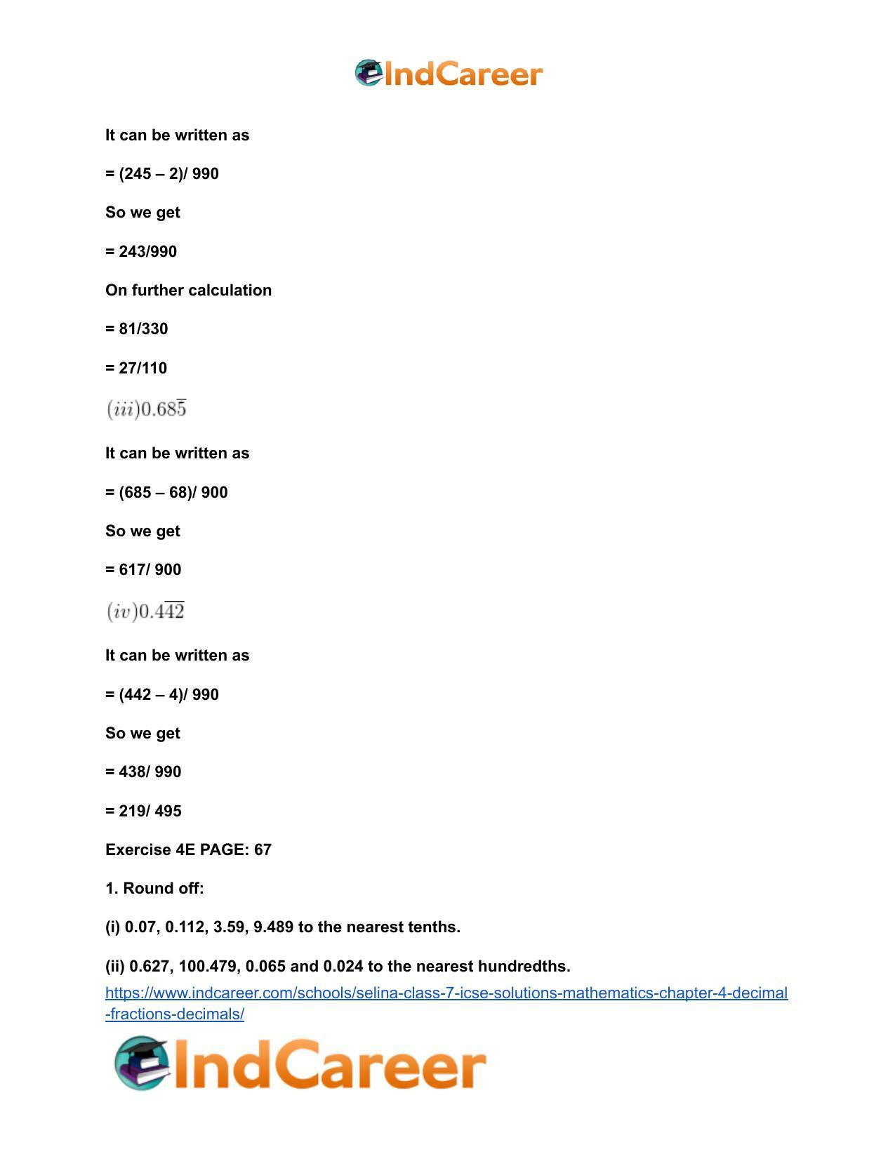 Selina Class 7 ICSE Solutions Mathematics : Chapter 4- Decimal Fractions (Decimals) - Page 69