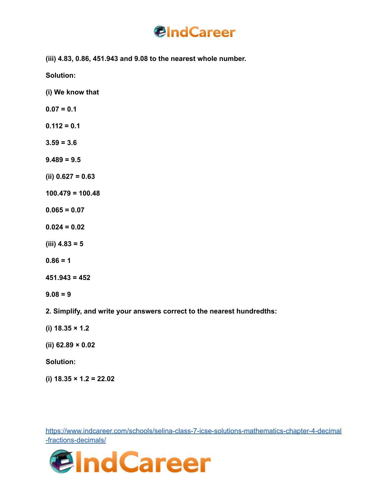 Selina Class 7 ICSE Solutions Mathematics : Chapter 4- Decimal Fractions (Decimals) - Page 70