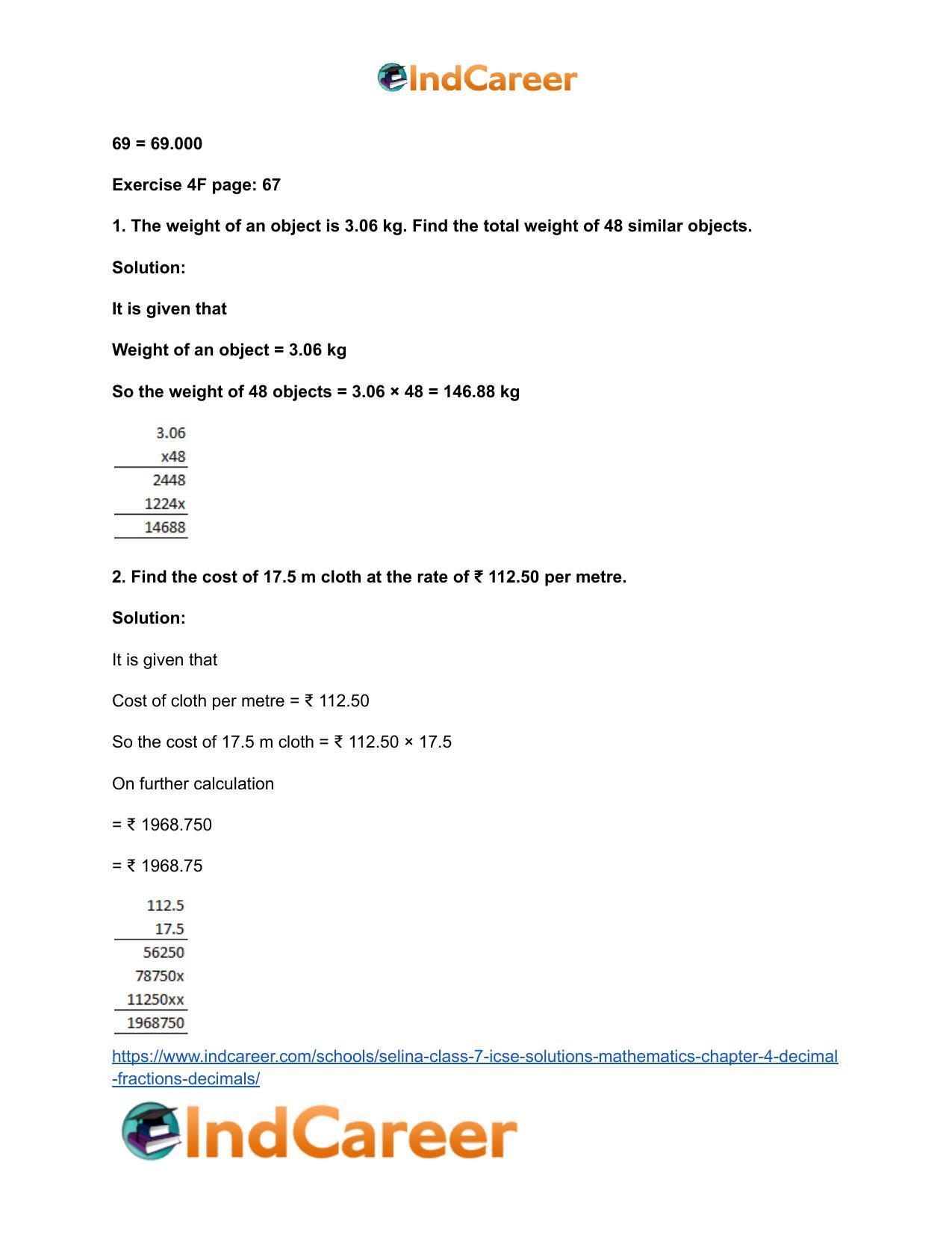 Selina Class 7 ICSE Solutions Mathematics : Chapter 4- Decimal Fractions (Decimals) - Page 73