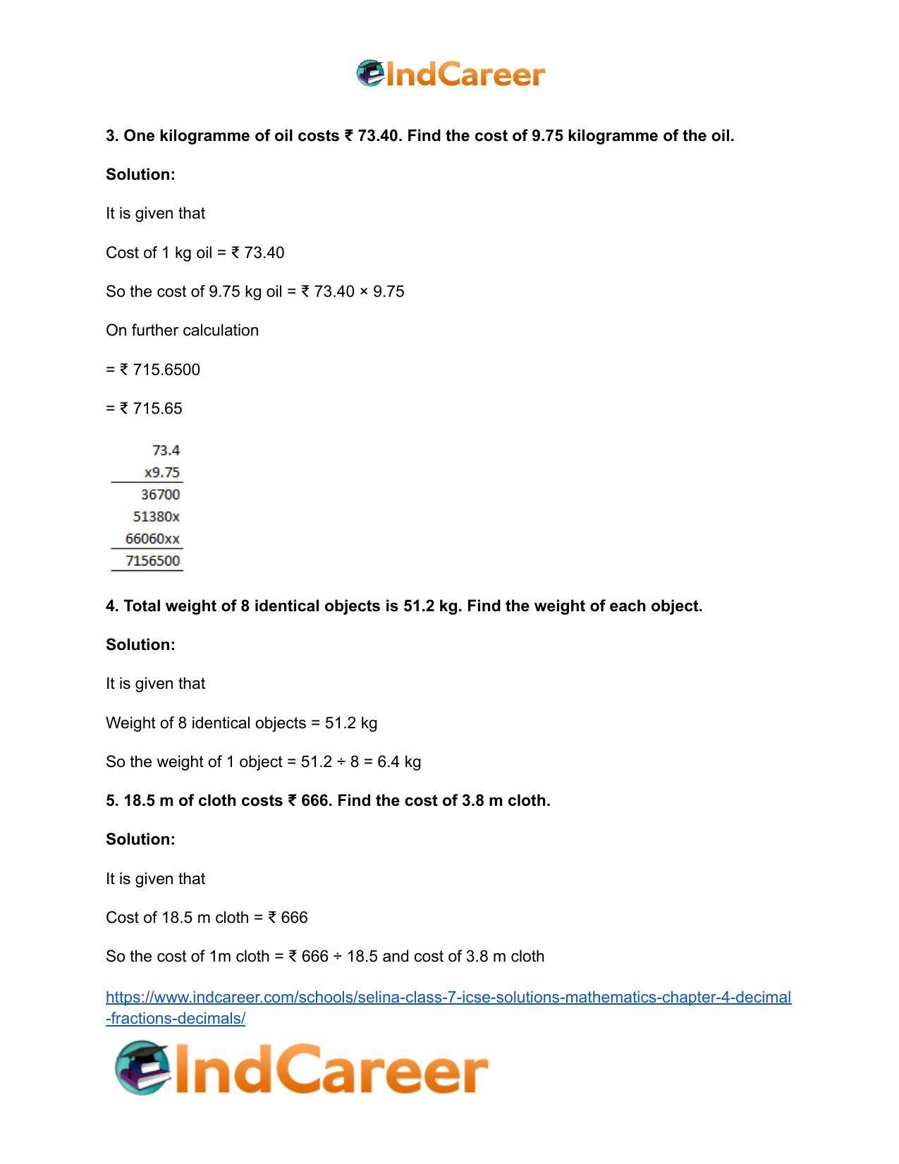 Selina Class 7 ICSE Solutions Mathematics : Chapter 4- Decimal Fractions (Decimals) - Page 74