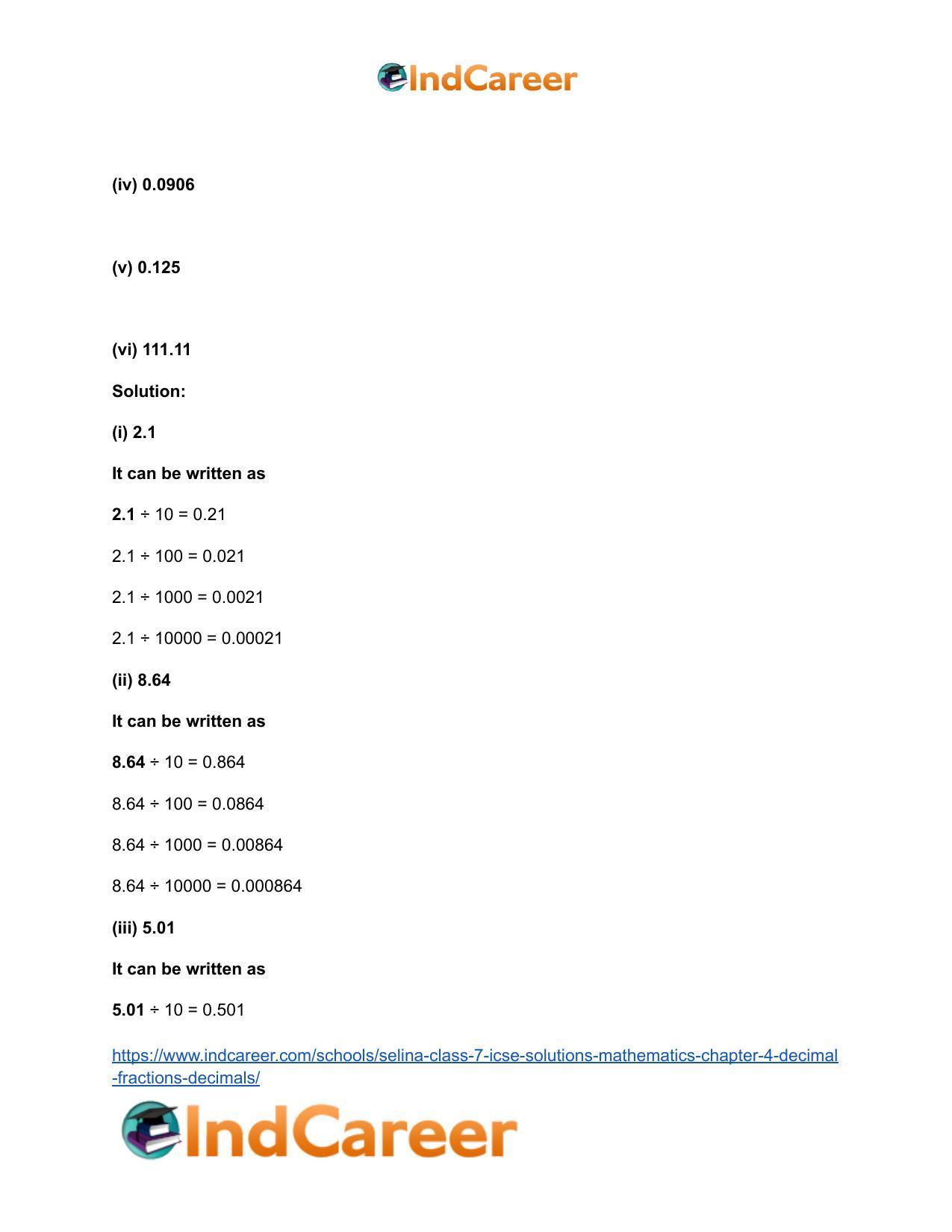 Selina Class 7 ICSE Solutions Mathematics : Chapter 4- Decimal Fractions (Decimals) - Page 108