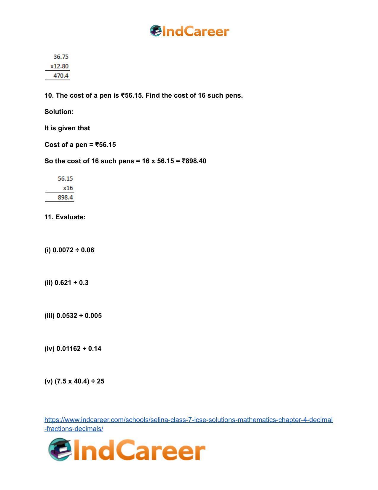 Selina Class 7 ICSE Solutions Mathematics : Chapter 4- Decimal Fractions (Decimals) - Page 122