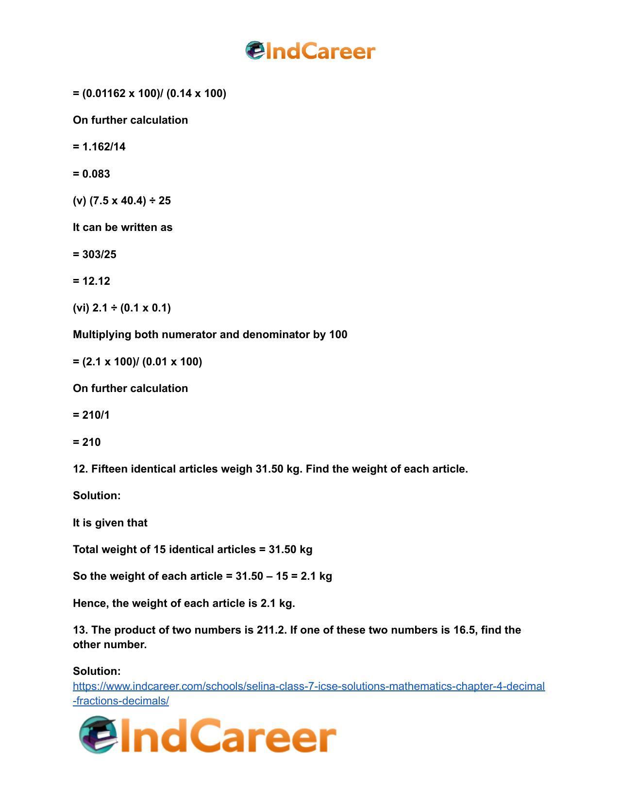 Selina Class 7 ICSE Solutions Mathematics : Chapter 4- Decimal Fractions (Decimals) - Page 124