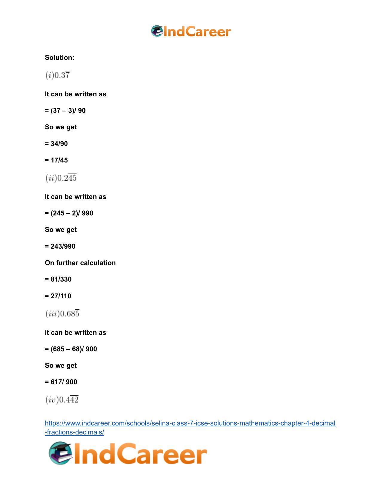 Selina Class 7 ICSE Solutions Mathematics : Chapter 4- Decimal Fractions (Decimals) - Page 138