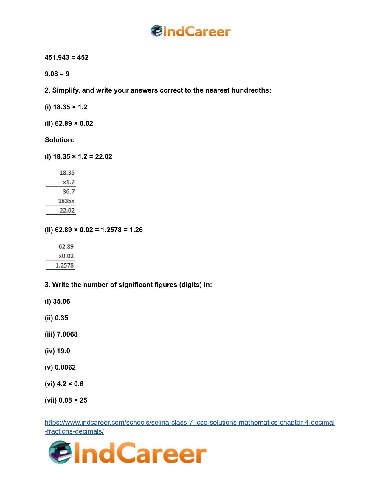 Selina Class 7 ICSE Solutions Mathematics : Chapter 4- Decimal Fractions (Decimals) - Page 140