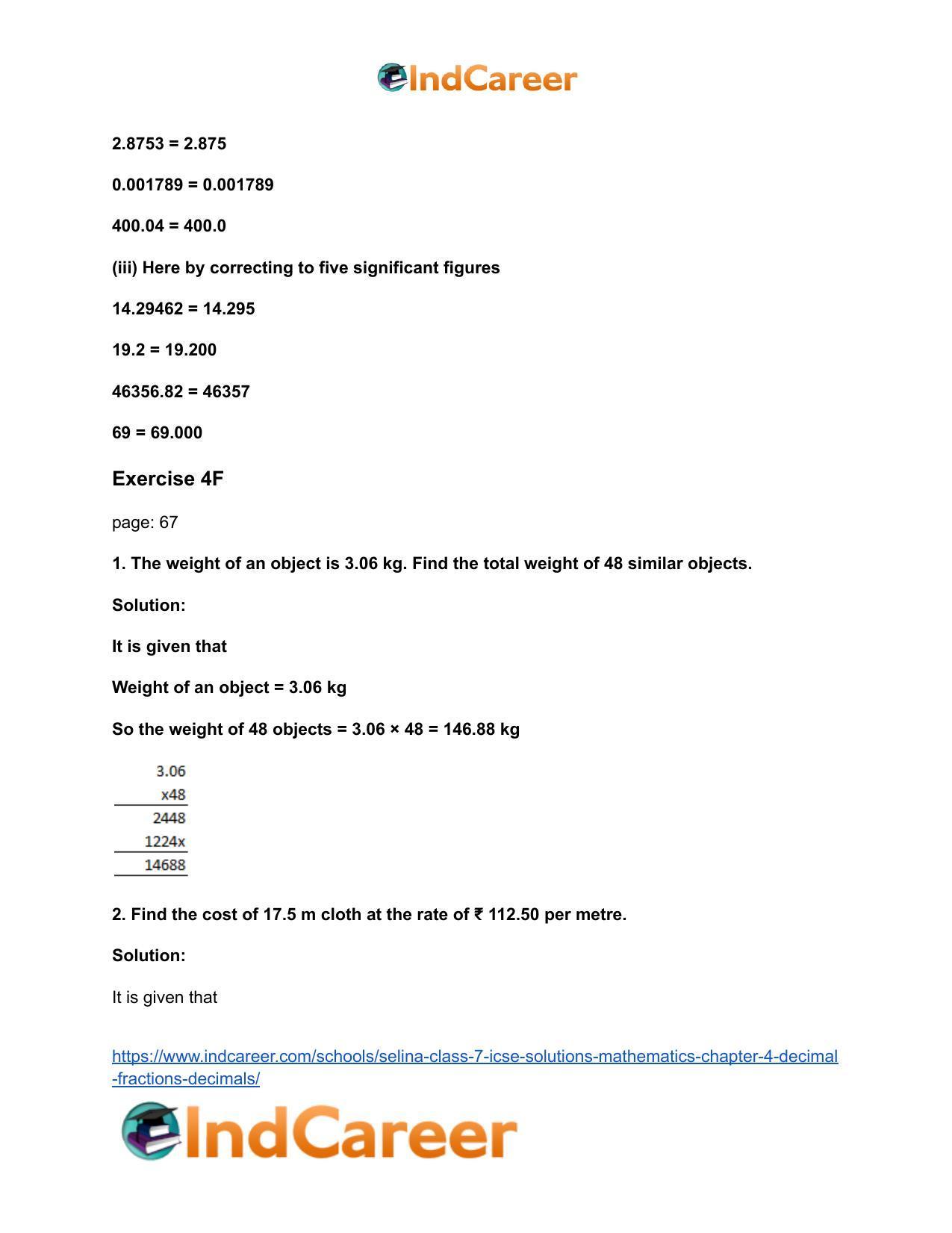 Selina Class 7 ICSE Solutions Mathematics : Chapter 4- Decimal Fractions (Decimals) - Page 142