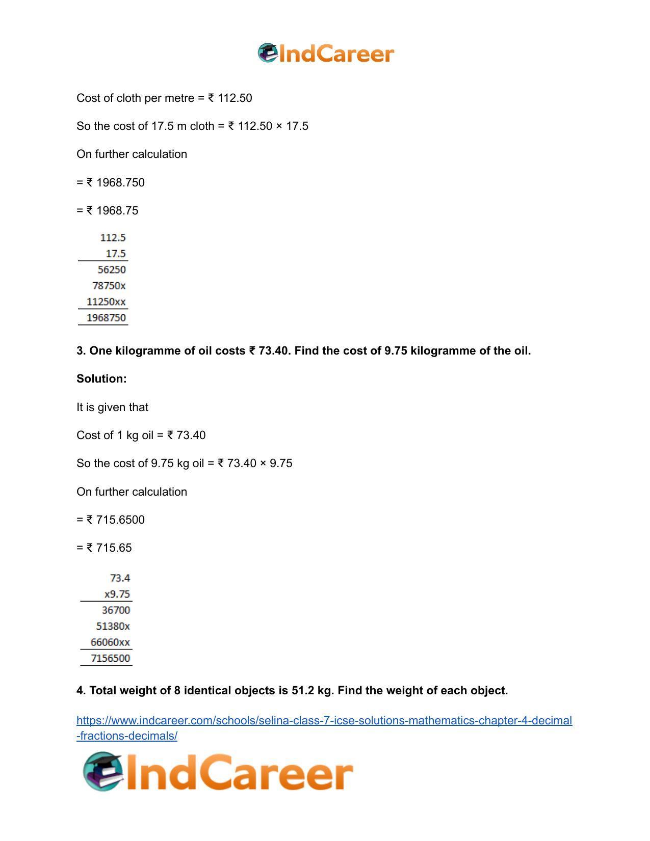 Selina Class 7 ICSE Solutions Mathematics : Chapter 4- Decimal Fractions (Decimals) - Page 143