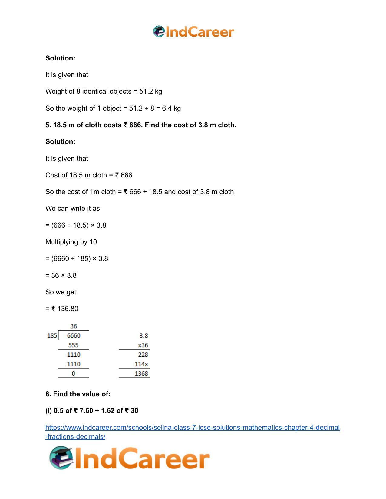 Selina Class 7 ICSE Solutions Mathematics : Chapter 4- Decimal Fractions (Decimals) - Page 144